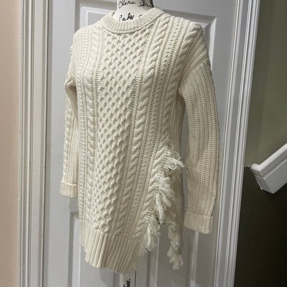J.CREW SWEATER FISHERMEN CABLE KNIT FRINGE CHUNKY TAN SZ XS OVERSIZED AESTHETIC - Picture 8 of 14